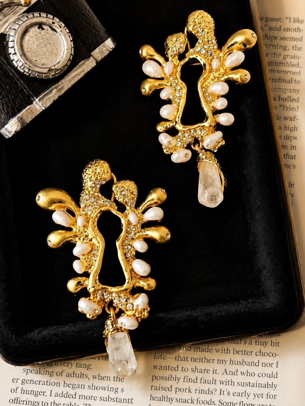 Gold and White Pearl Crystal Drop Earrings - Picture 4 of 4